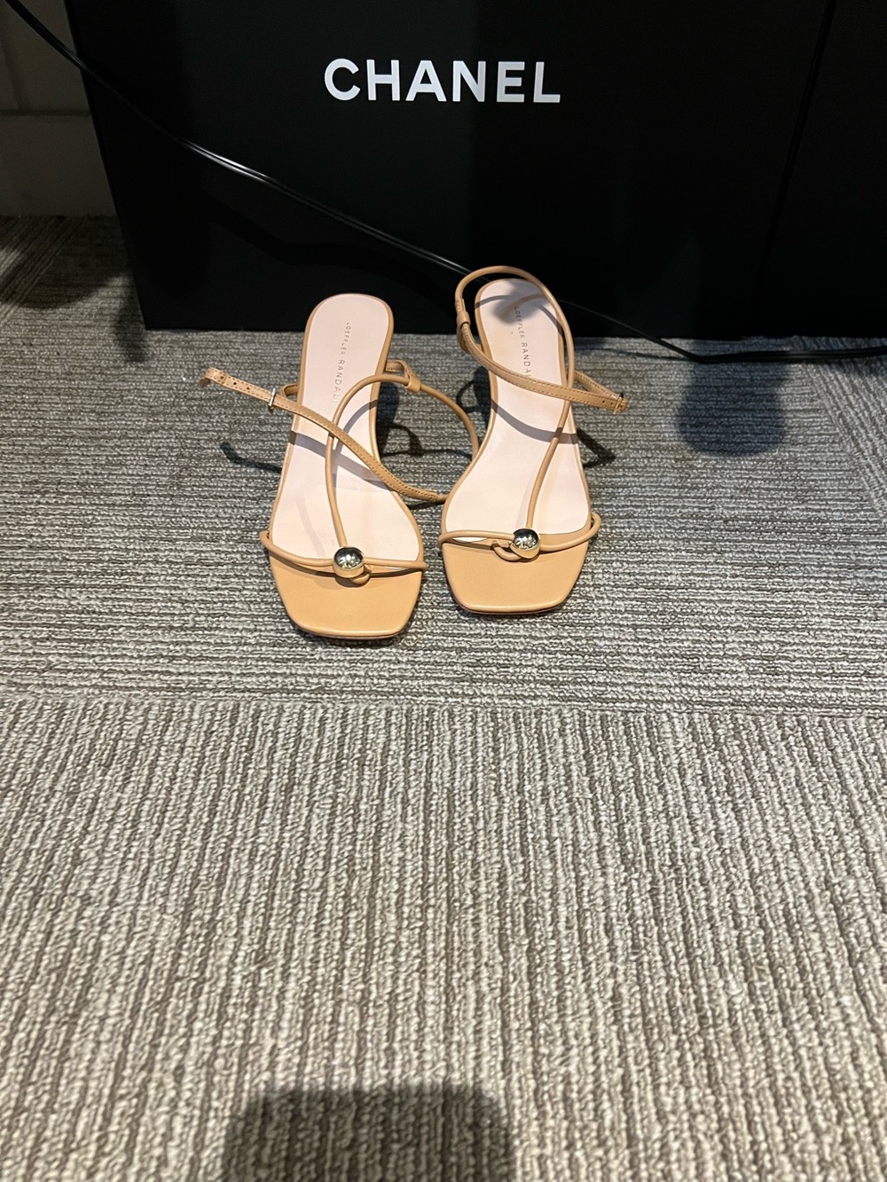 Tan Strappy Square-Toe Sandals with Gold Logo Accent